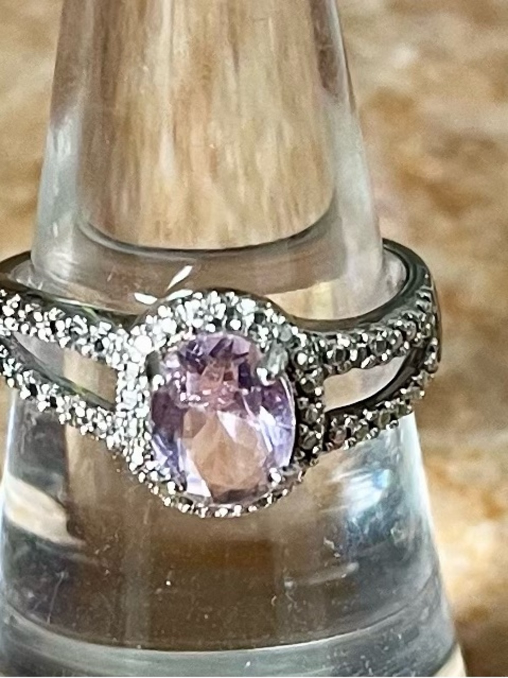 BP Pink Oval Halo Split-Shank Ring in Rhodium Silver Finish